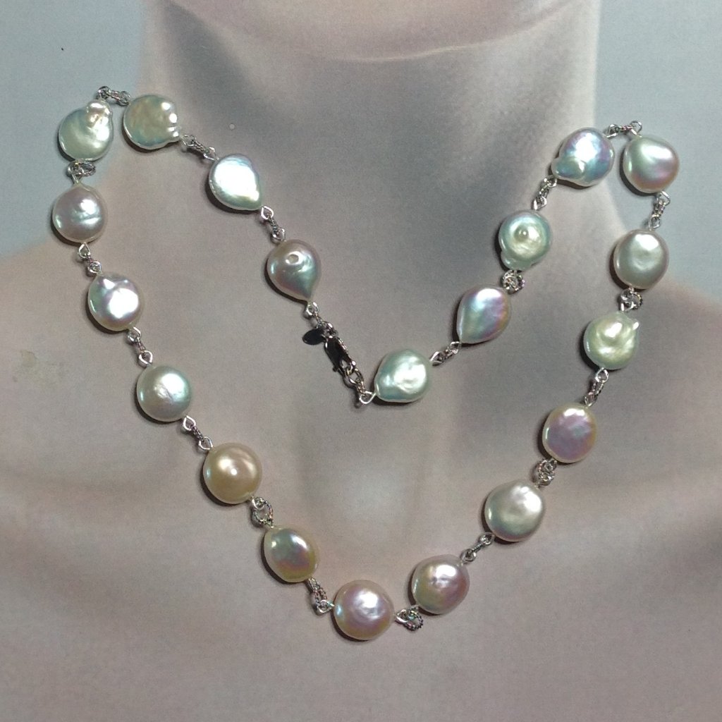 White Freshwater Baroque Pearl With Sterling Silver Section Links Necklace 160$